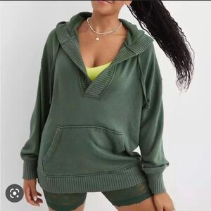 Aerie Down To Earth Henley Hoodie Green Size Large